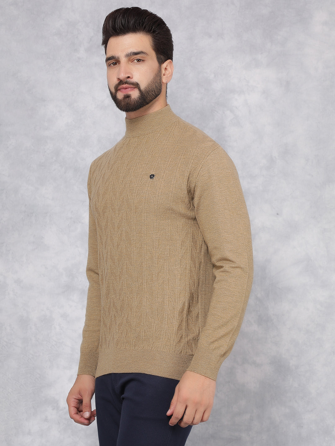 Khaki Jacquard High Neck Sweater-Men Sweaters-Crimsoune Club