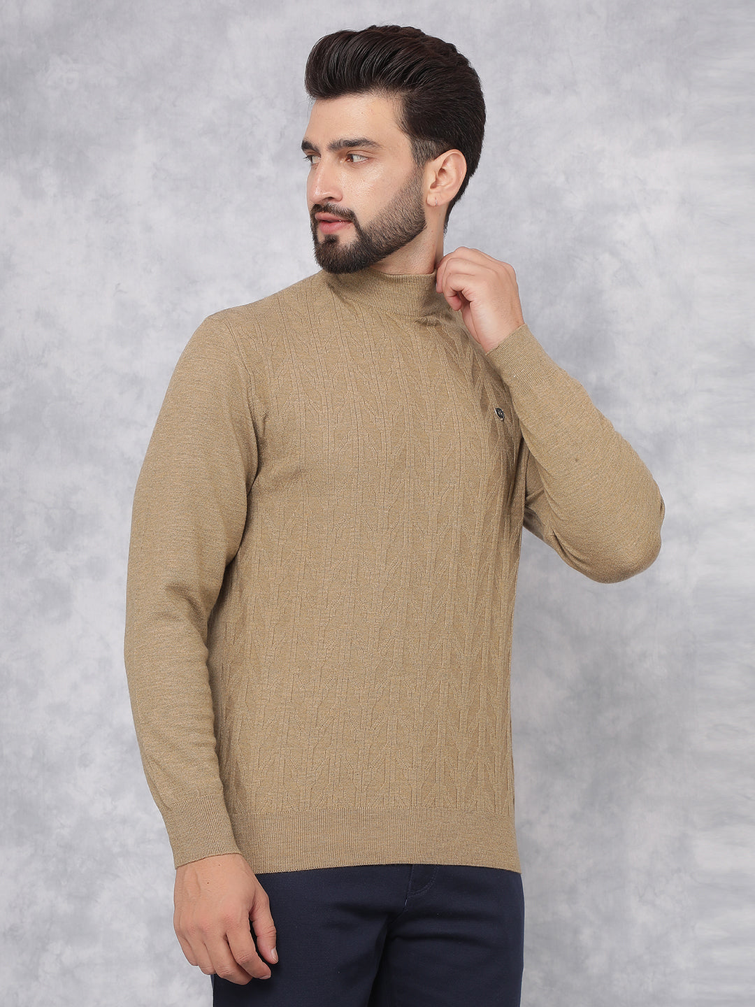 Khaki Jacquard High Neck Sweater-Men Sweaters-Crimsoune Club