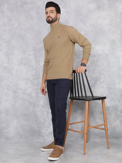 Khaki Jacquard High Neck Sweater-Men Sweaters-Crimsoune Club