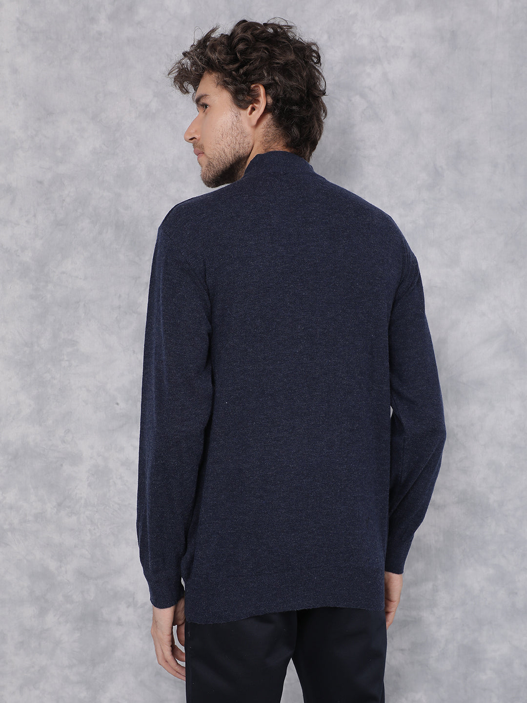 Navy Blue Jacquard High Neck Sweater-Men Sweaters-Crimsoune Club