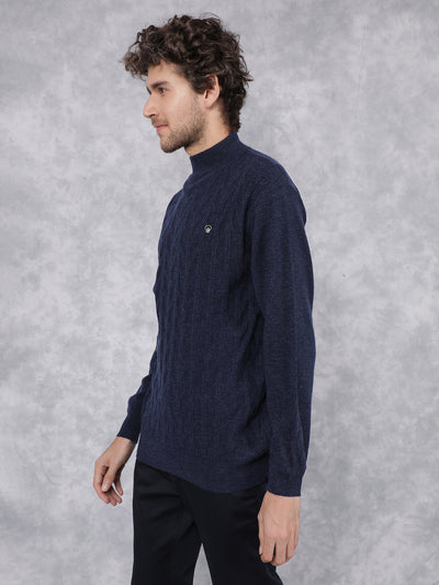 Navy Blue Jacquard High Neck Sweater-Men Sweaters-Crimsoune Club