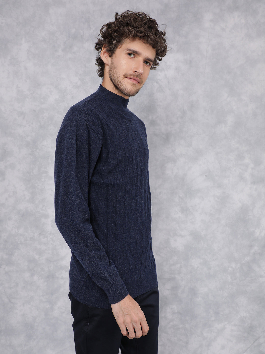 Navy Blue Jacquard High Neck Sweater-Men Sweaters-Crimsoune Club