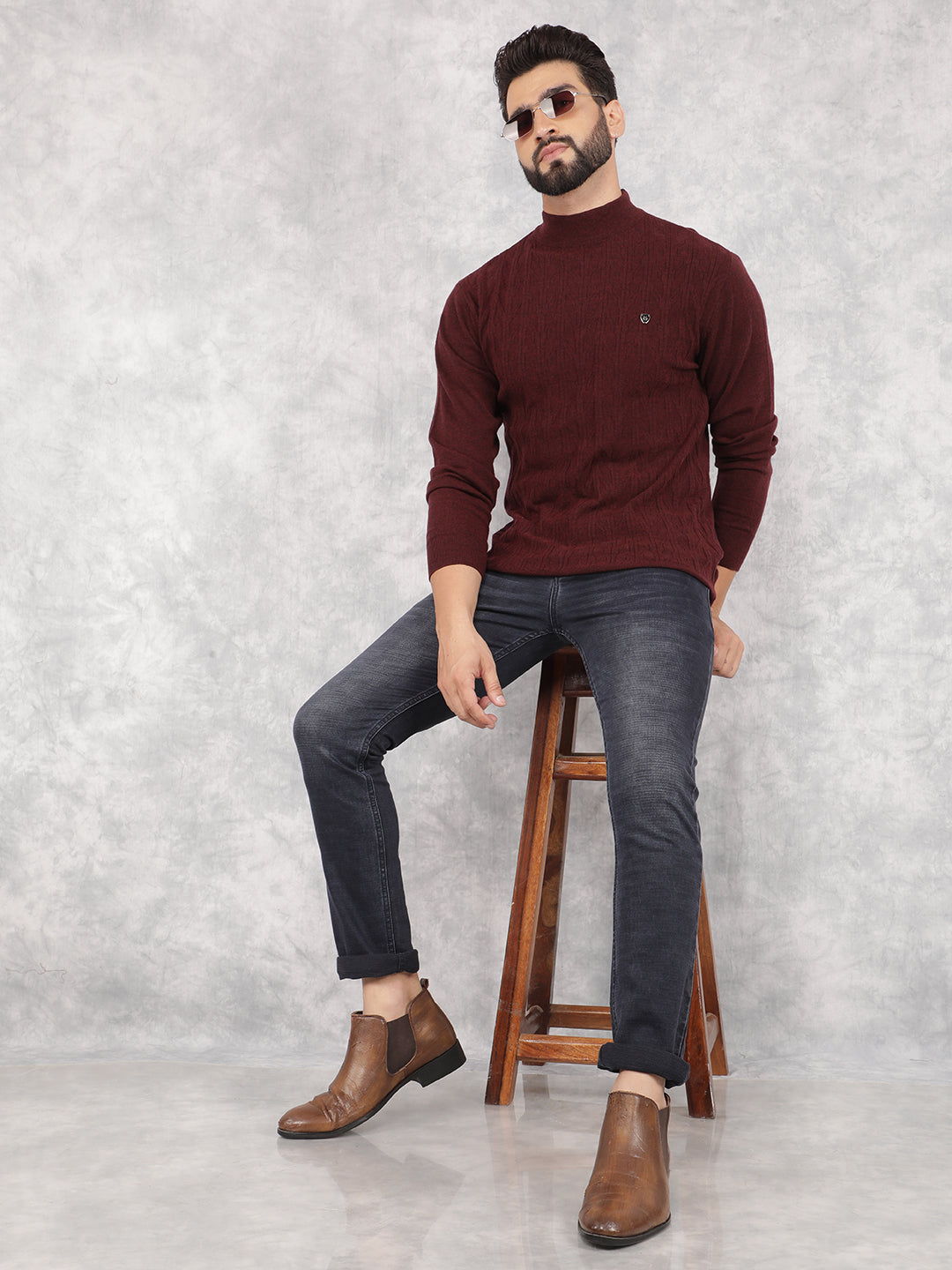 Wine Printed Turtle Neck Sweater-Men Sweaters-Crimsoune Club