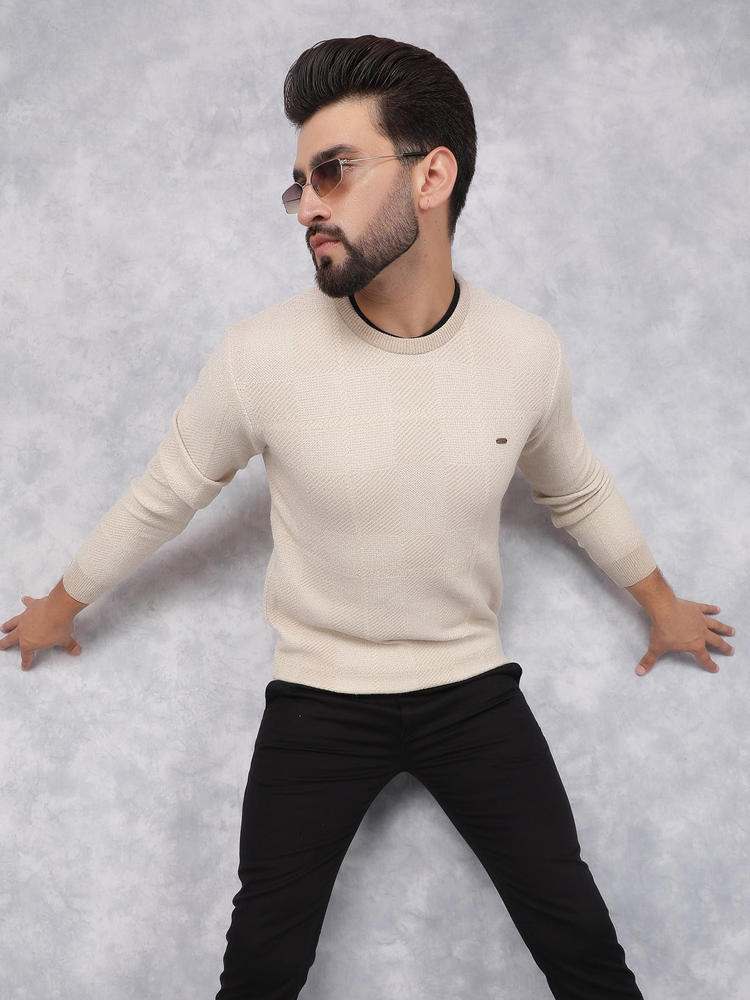 Beige Jacquard Sweater-Men Sweaters-Crimsoune Club