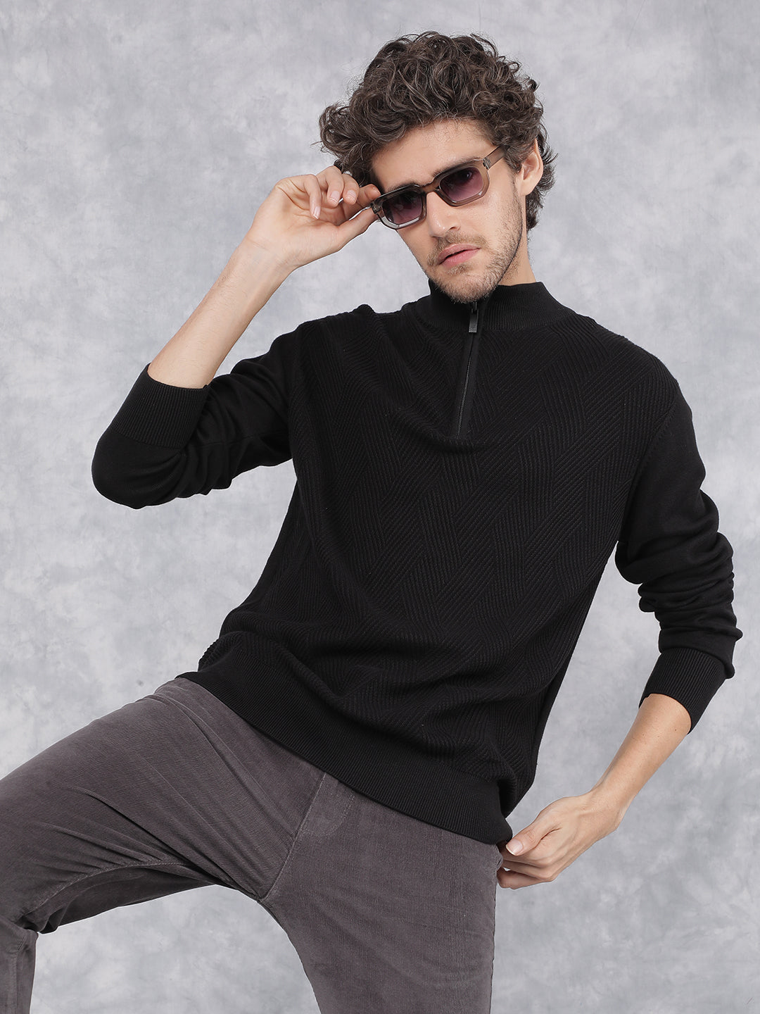 Black Jacquard Sweater-Men Sweaters-Crimsoune Club