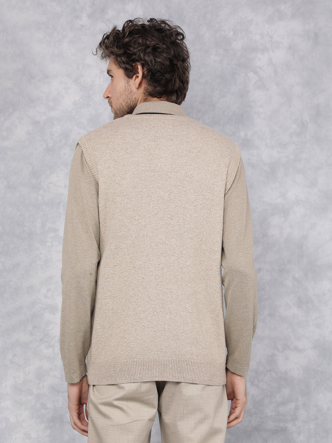 Beige V-Neck Sleeveless Sweater-Men Sweaters-Crimsoune Club