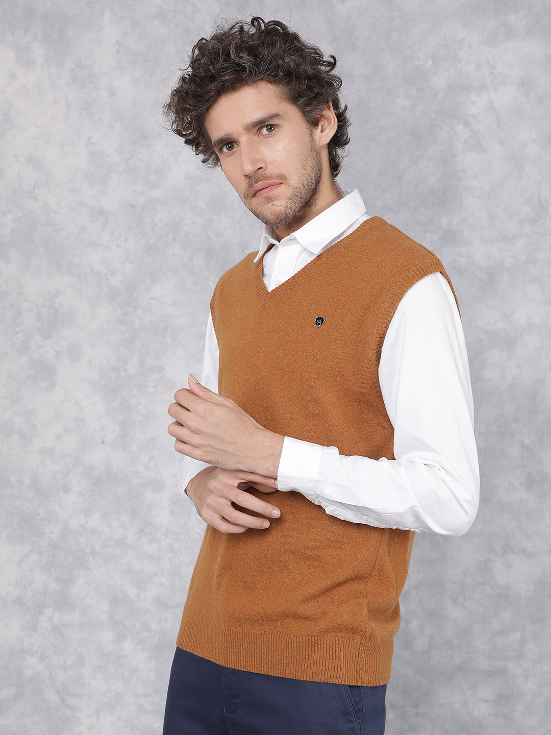 Mustard V-Neck Sleeveless Sweater-Men Sweaters-Crimsoune Club