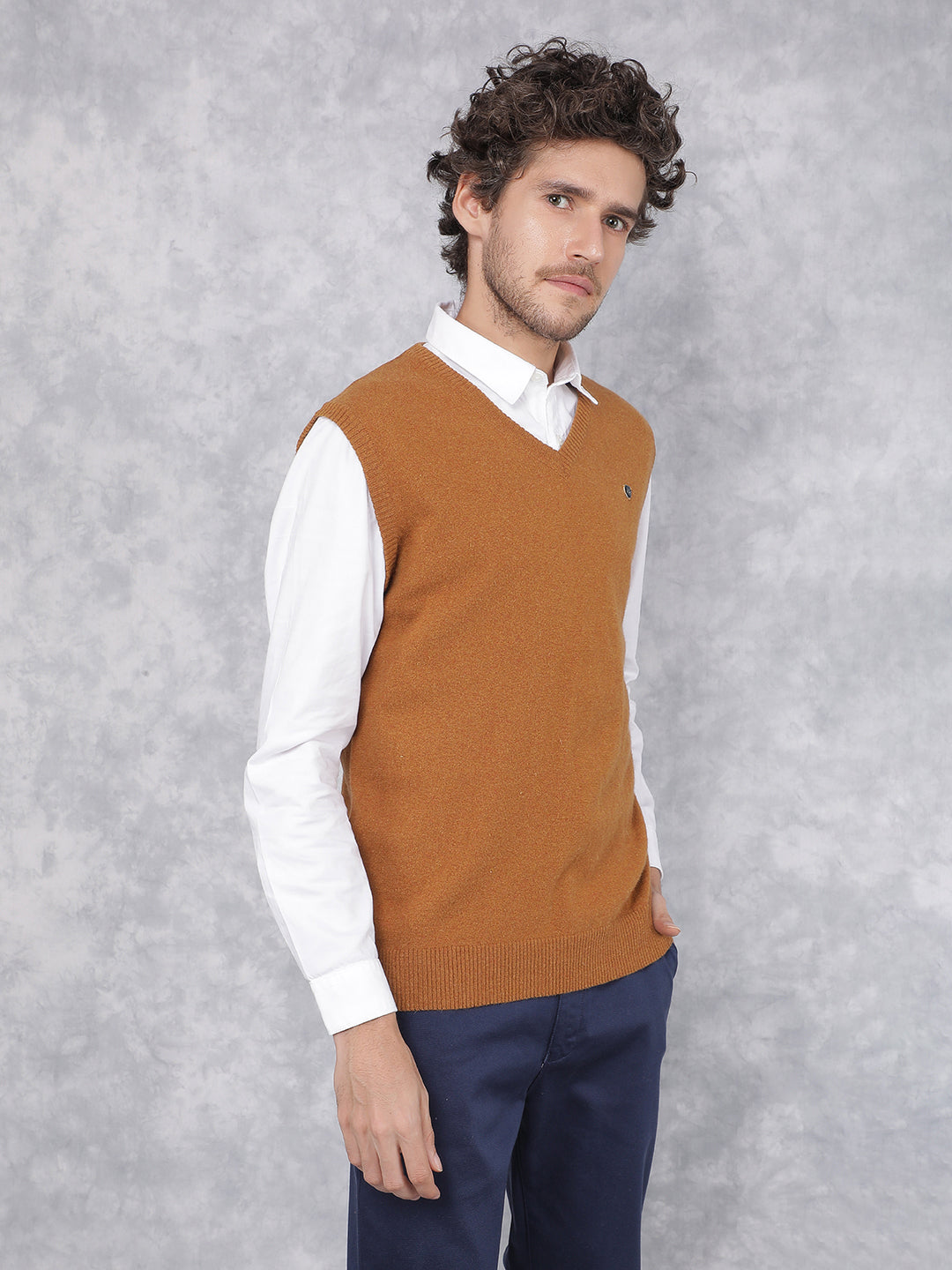 Mustard V-Neck Sleeveless Sweater-Men Sweaters-Crimsoune Club