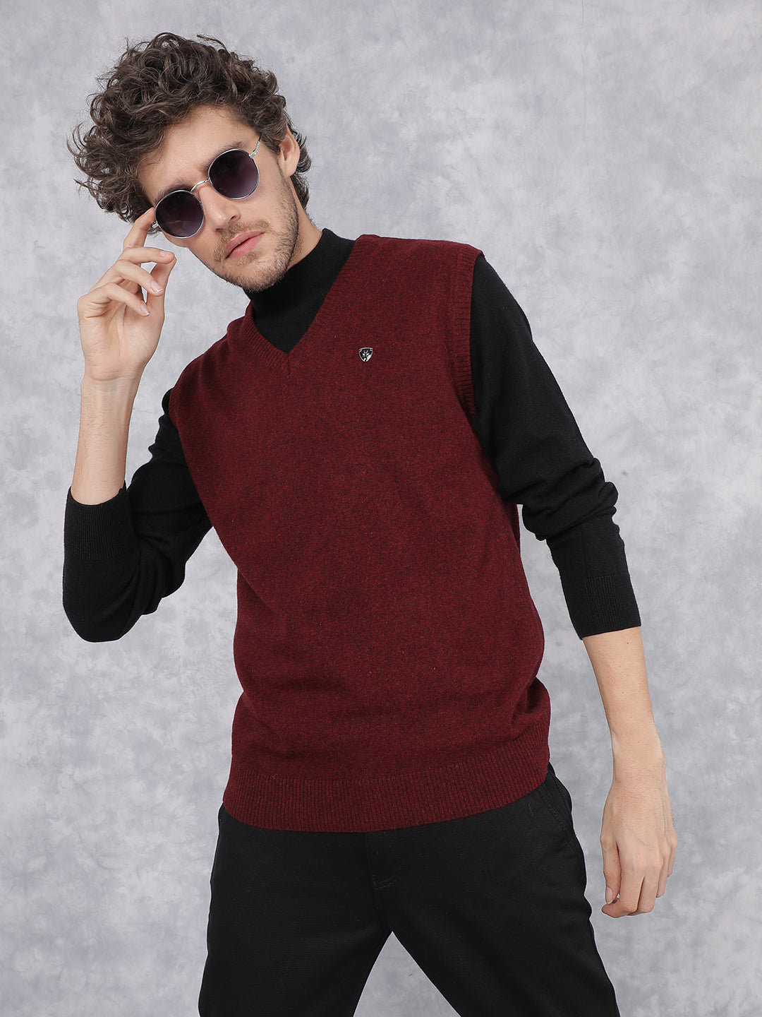 Maroon V-Neck Sleeveless Sweater-Men Sweaters-Crimsoune Club