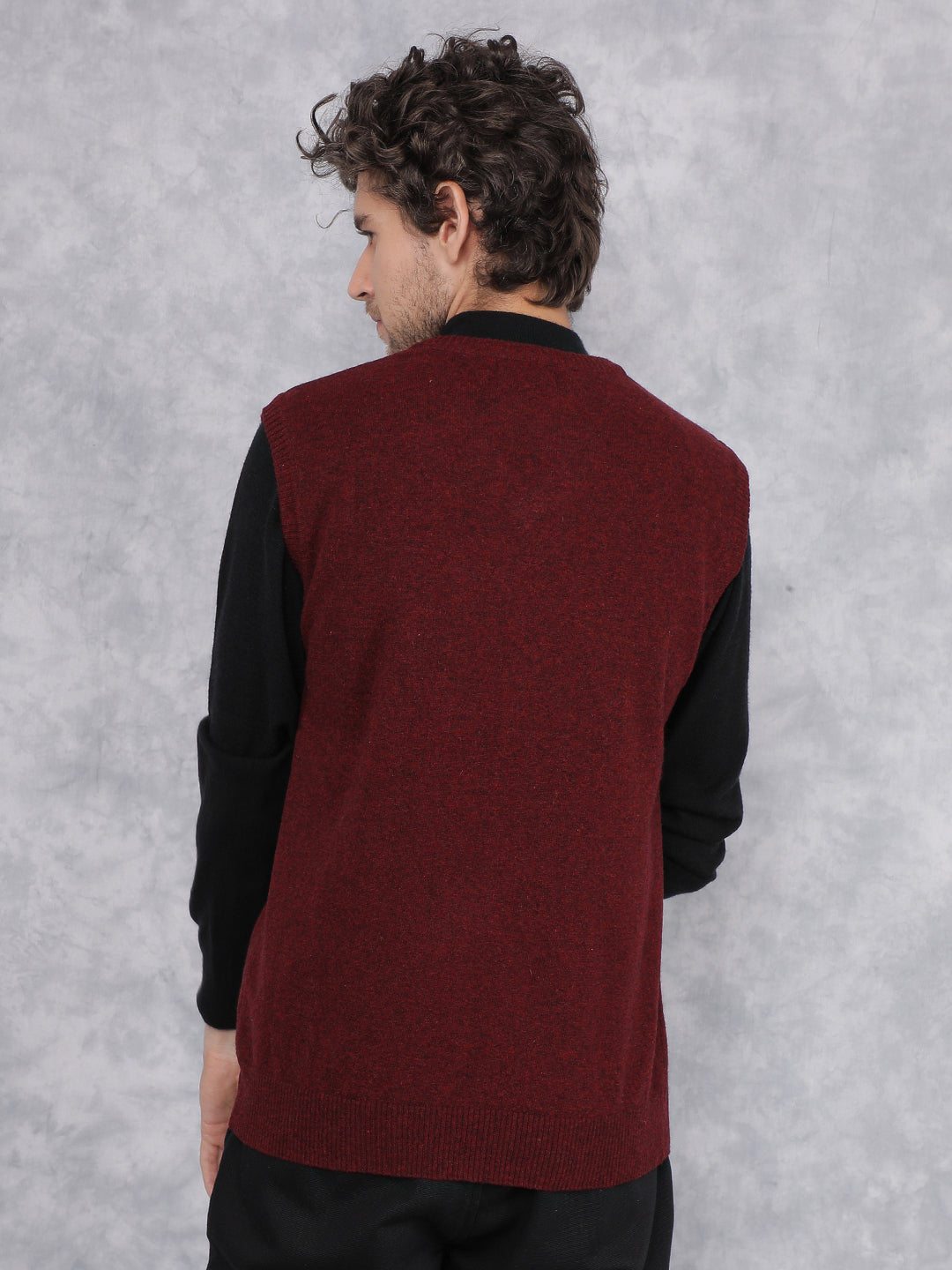 Maroon V-Neck Sleeveless Sweater-Men Sweaters-Crimsoune Club