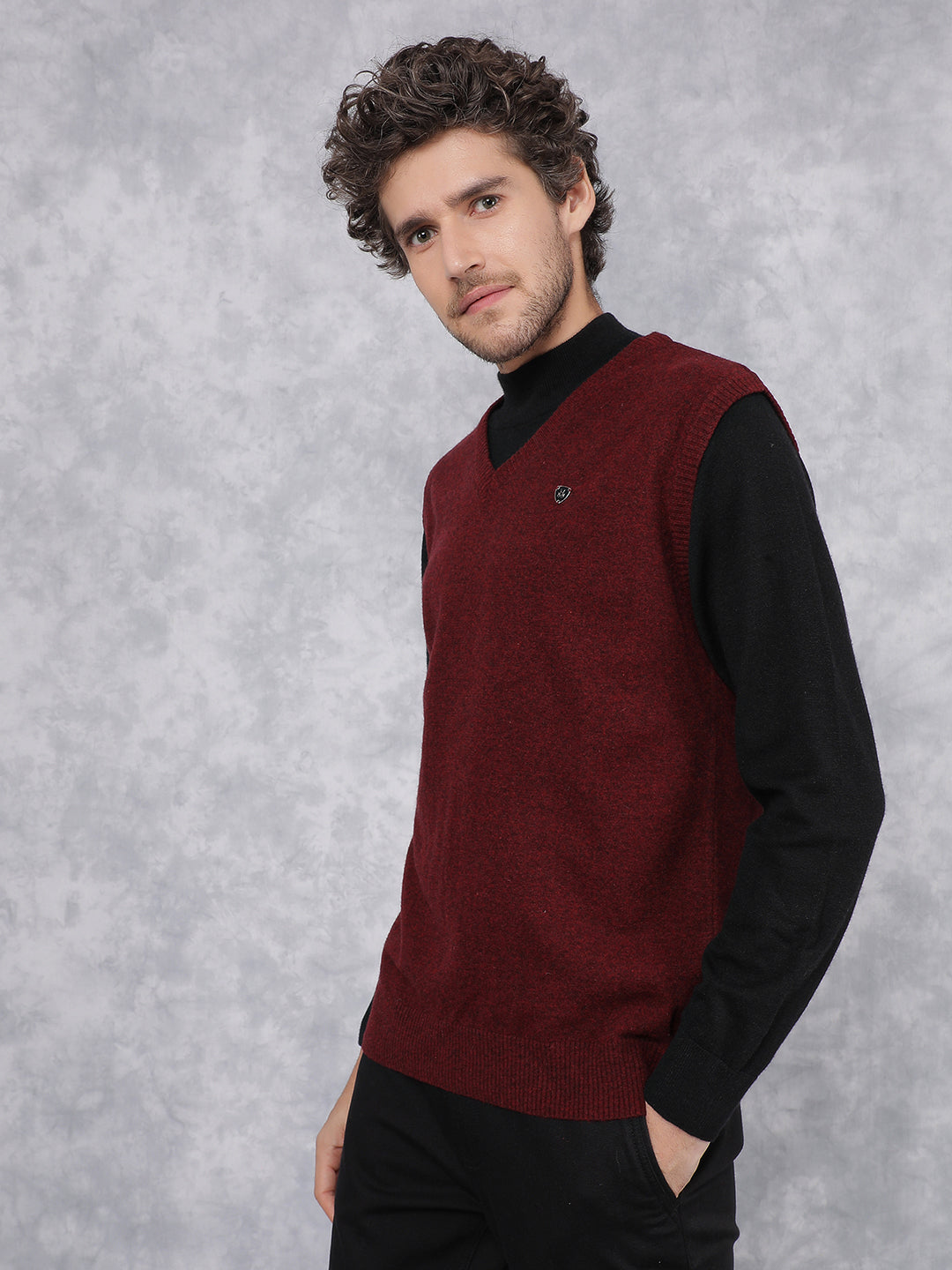 Maroon V-Neck Sleeveless Sweater-Men Sweaters-Crimsoune Club