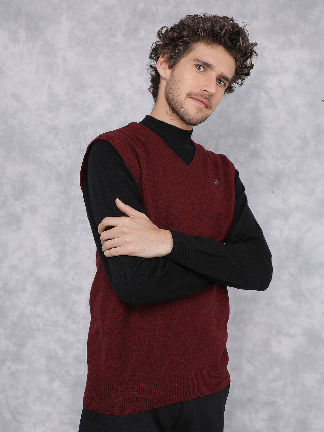 Maroon V-Neck Sleeveless Sweater-Men Sweaters-Crimsoune Club