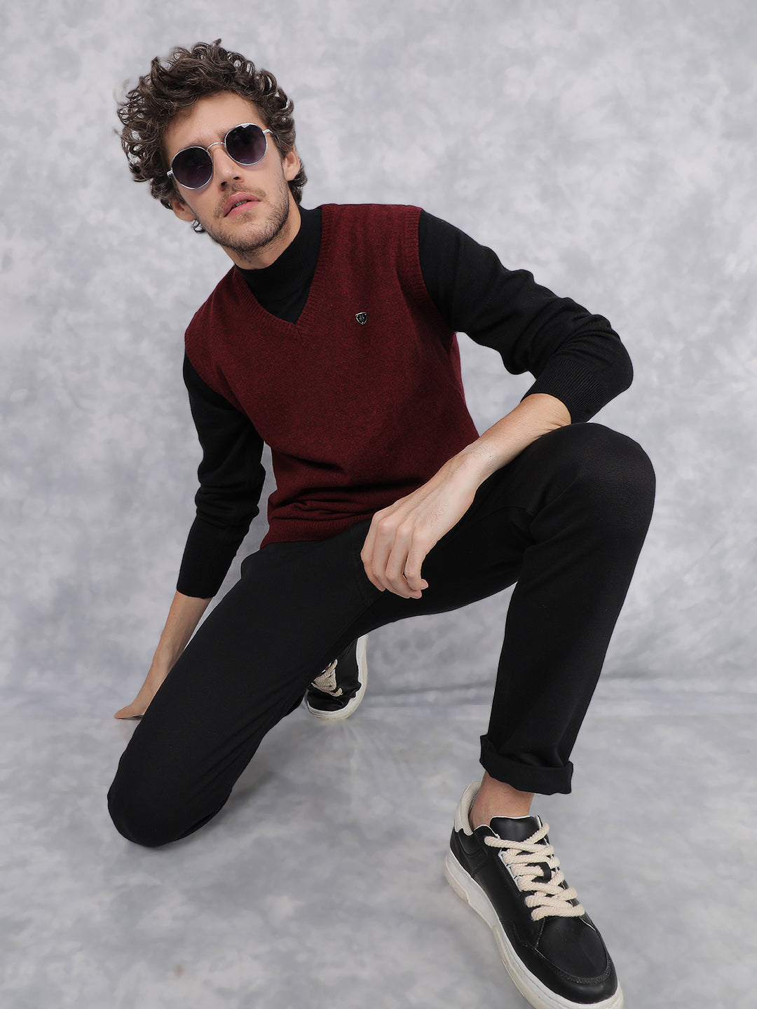 Maroon V-Neck Sleeveless Sweater-Men Sweaters-Crimsoune Club