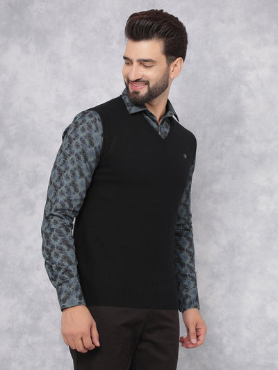 Black V-Neck Sleeveless Sweater-Men Sweaters-Crimsoune Club