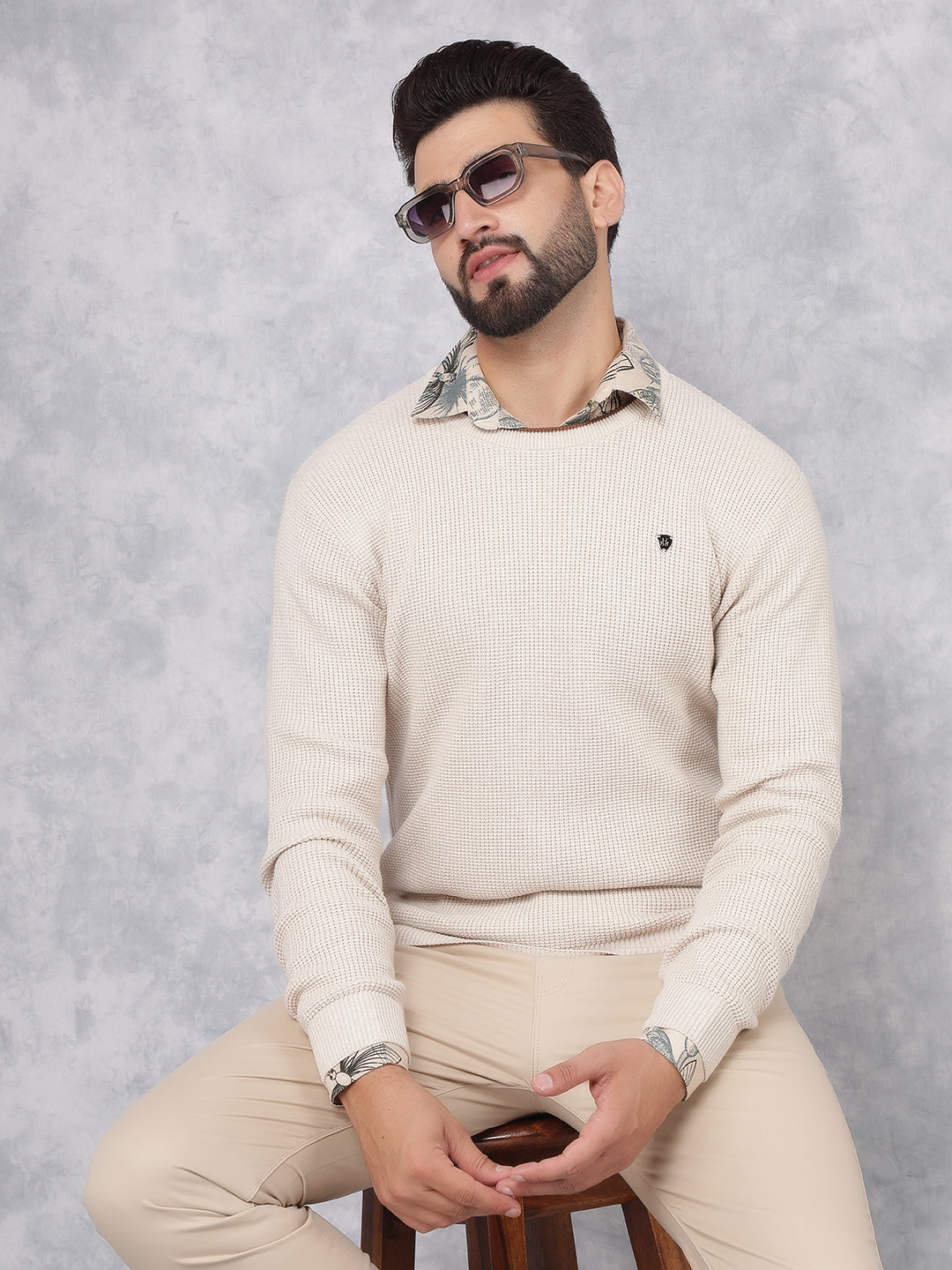 Beige Knitted 100% Cotton Sweater-Men Sweaters-Crimsoune Club