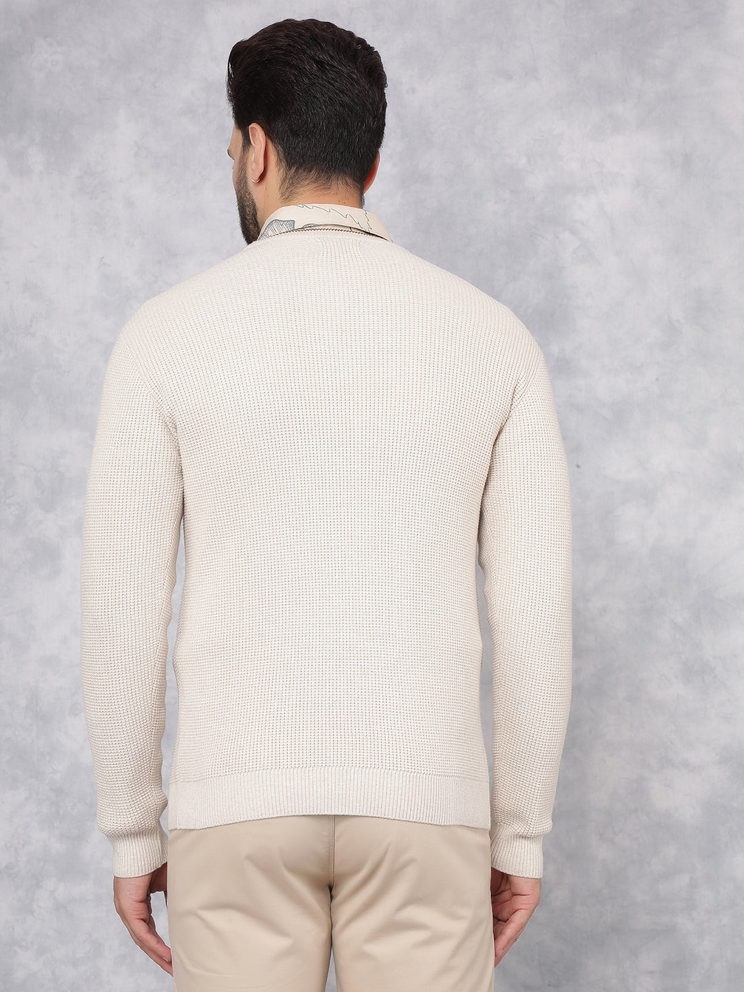 Beige Knitted 100% Cotton Sweater-Men Sweaters-Crimsoune Club