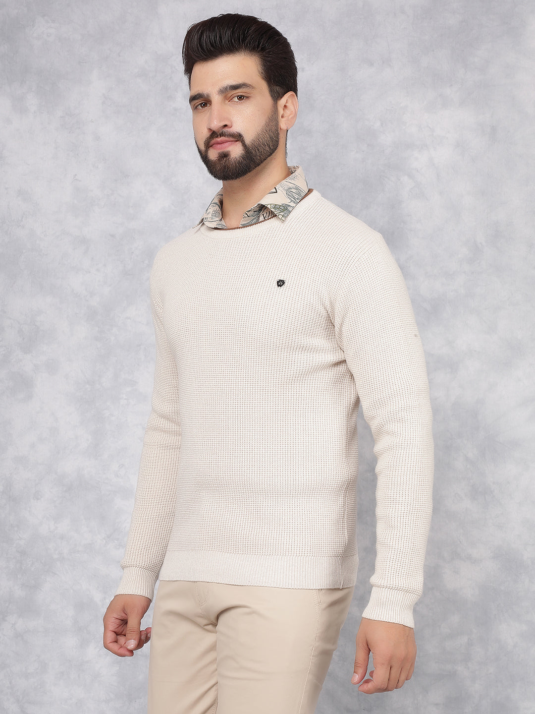 Beige Knitted 100% Cotton Sweater-Men Sweaters-Crimsoune Club