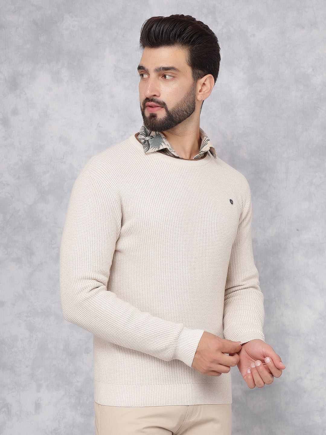 Beige Knitted 100% Cotton Sweater-Men Sweaters-Crimsoune Club