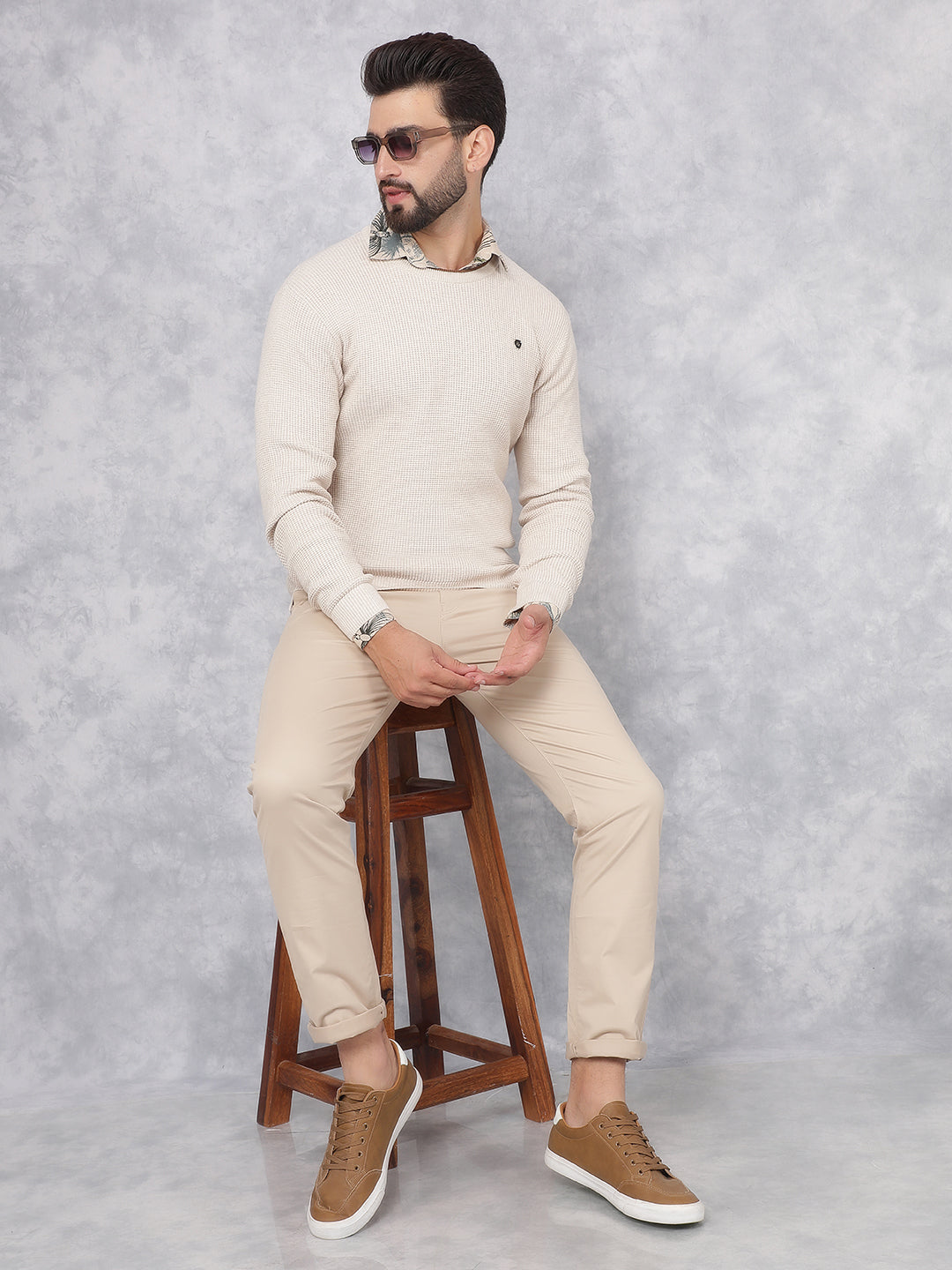 Beige Knitted 100% Cotton Sweater-Men Sweaters-Crimsoune Club