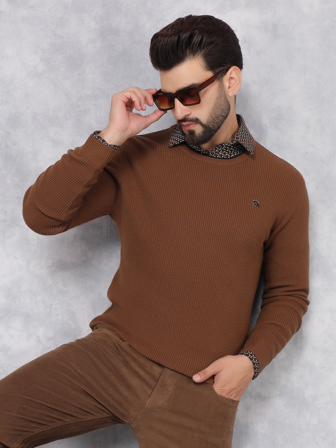 Brown Knitted 100% Cotton Sweater-Men Sweaters-Crimsoune Club