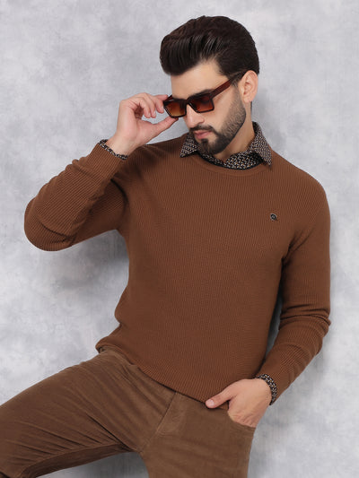 Brown Knitted 100% Cotton Sweater-Men Sweaters-Crimsoune Club