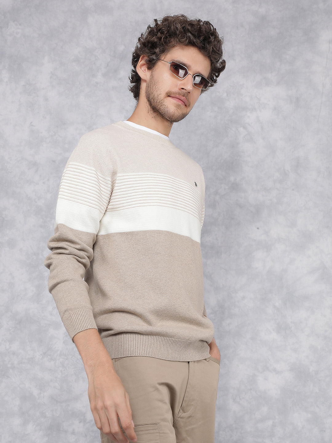 Beige Horizontal Stripes 100% Cotton Sweater-Men Sweaters-Crimsoune Club