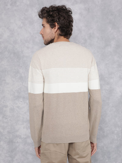 Beige Horizontal Stripes 100% Cotton Sweater-Men Sweaters-Crimsoune Club