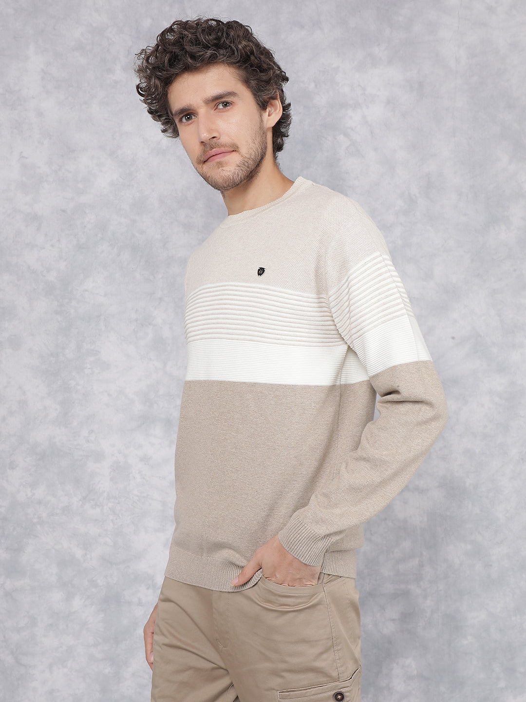 Beige Horizontal Stripes 100% Cotton Sweater-Men Sweaters-Crimsoune Club