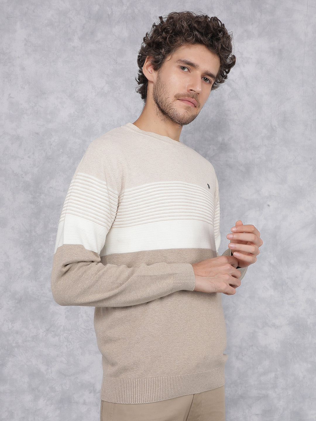 Beige Horizontal Stripes 100% Cotton Sweater-Men Sweaters-Crimsoune Club