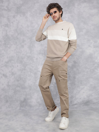 Beige Horizontal Stripes 100% Cotton Sweater-Men Sweaters-Crimsoune Club