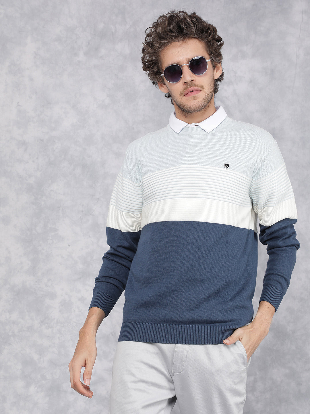 Blue Horizontal Stripes 100% Cotton Sweater-Men Sweaters-Crimsoune Club