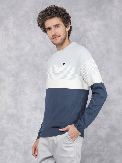 Blue Horizontal Stripes 100% Cotton Sweater-Men Sweaters-Crimsoune Club