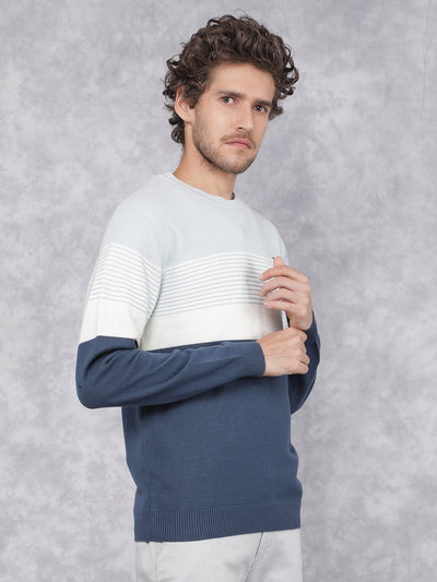 Blue Horizontal Stripes 100% Cotton Sweater-Men Sweaters-Crimsoune Club