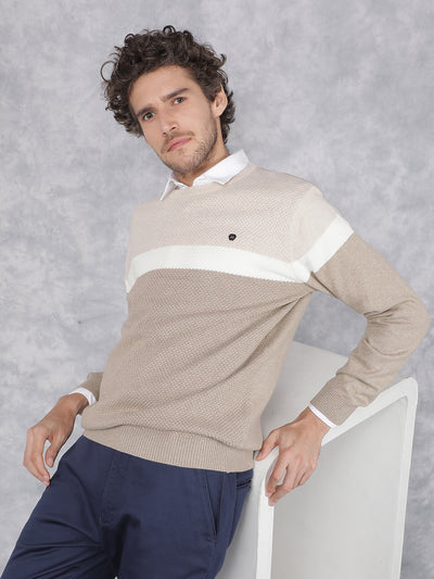 Beige Color Blocked 100% Cotton Sweater-Men Sweaters-Crimsoune Club