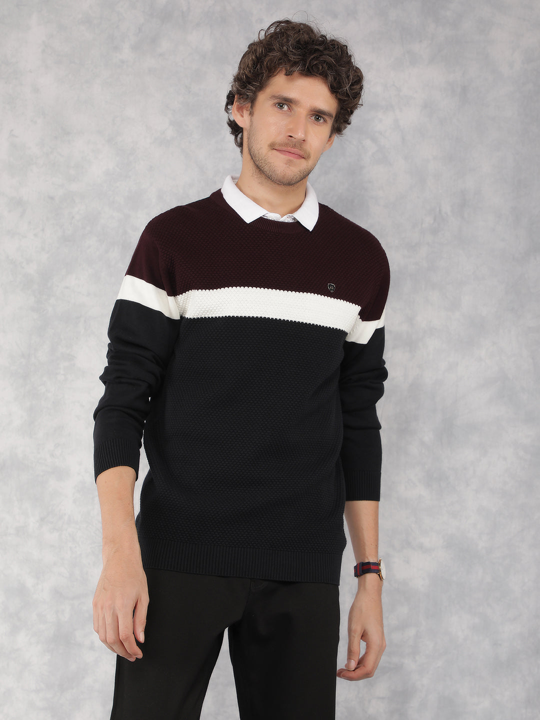 Wine Color Blocked 100% Cotton Sweater-Men Sweaters-Crimsoune Club