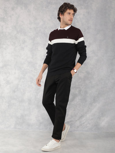 Wine Color Blocked 100% Cotton Sweater-Men Sweaters-Crimsoune Club