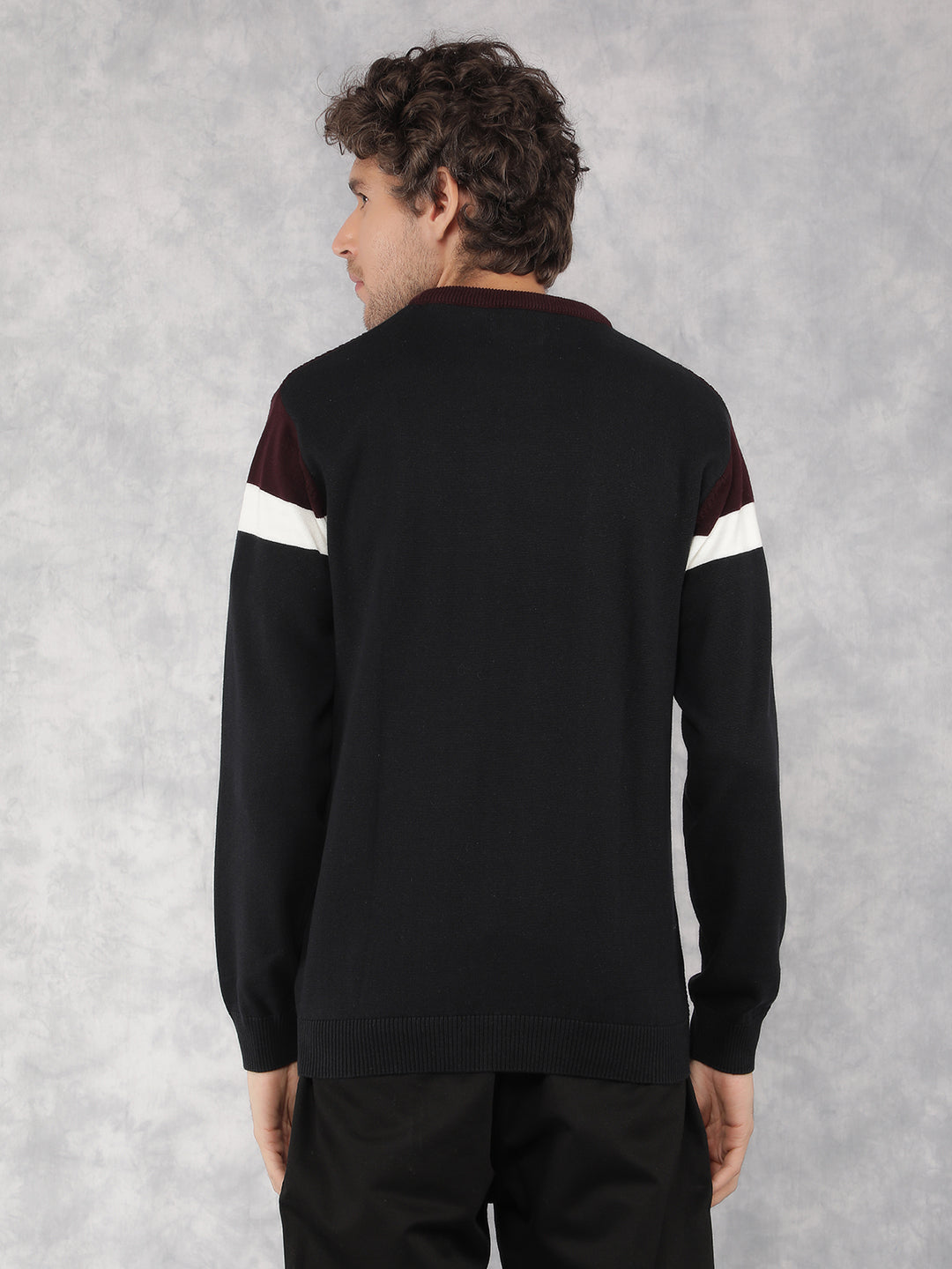 Wine Color Blocked 100% Cotton Sweater-Men Sweaters-Crimsoune Club