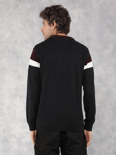 Wine Color Blocked 100% Cotton Sweater-Men Sweaters-Crimsoune Club