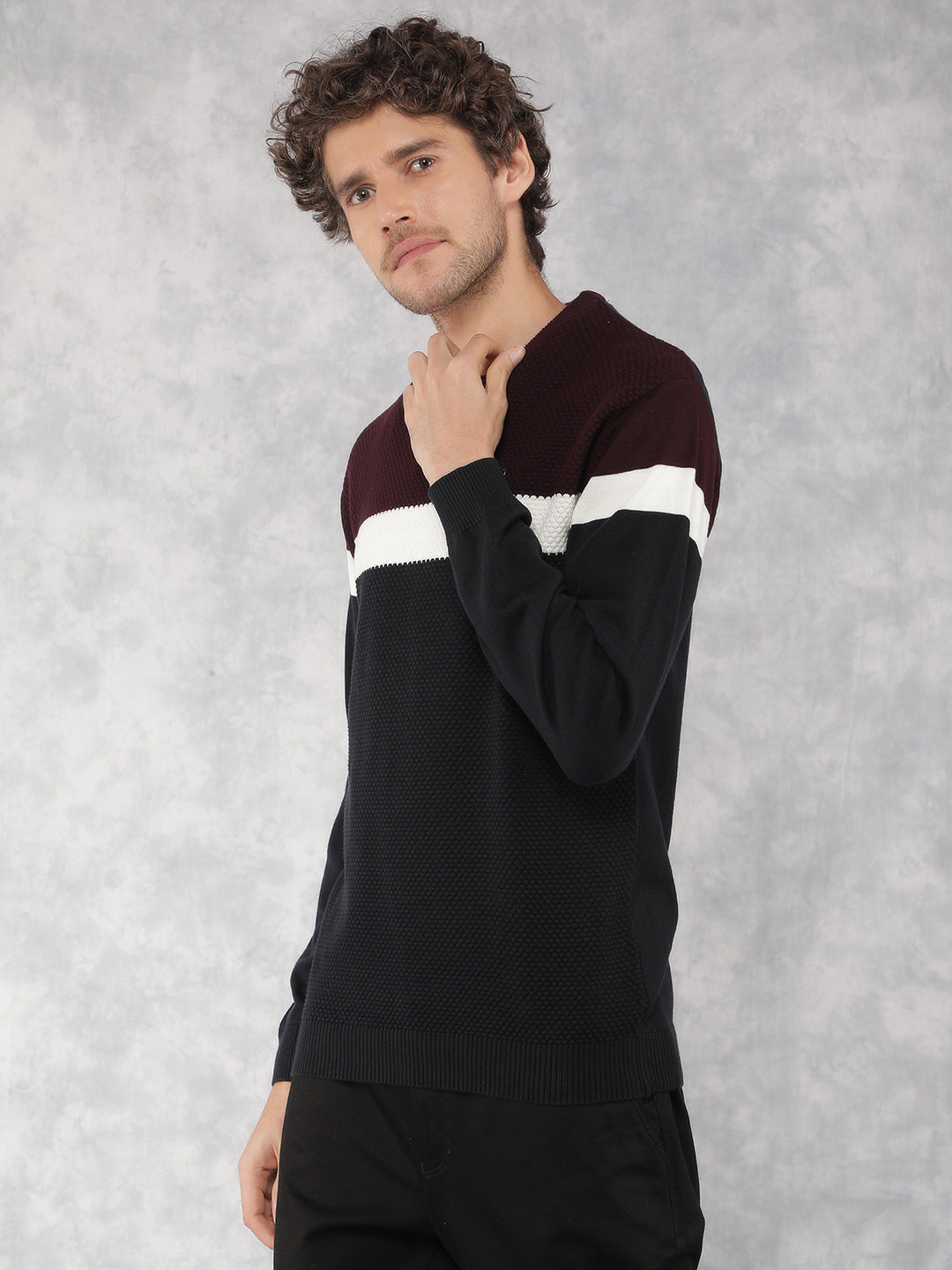 Wine Color Blocked 100% Cotton Sweater-Men Sweaters-Crimsoune Club