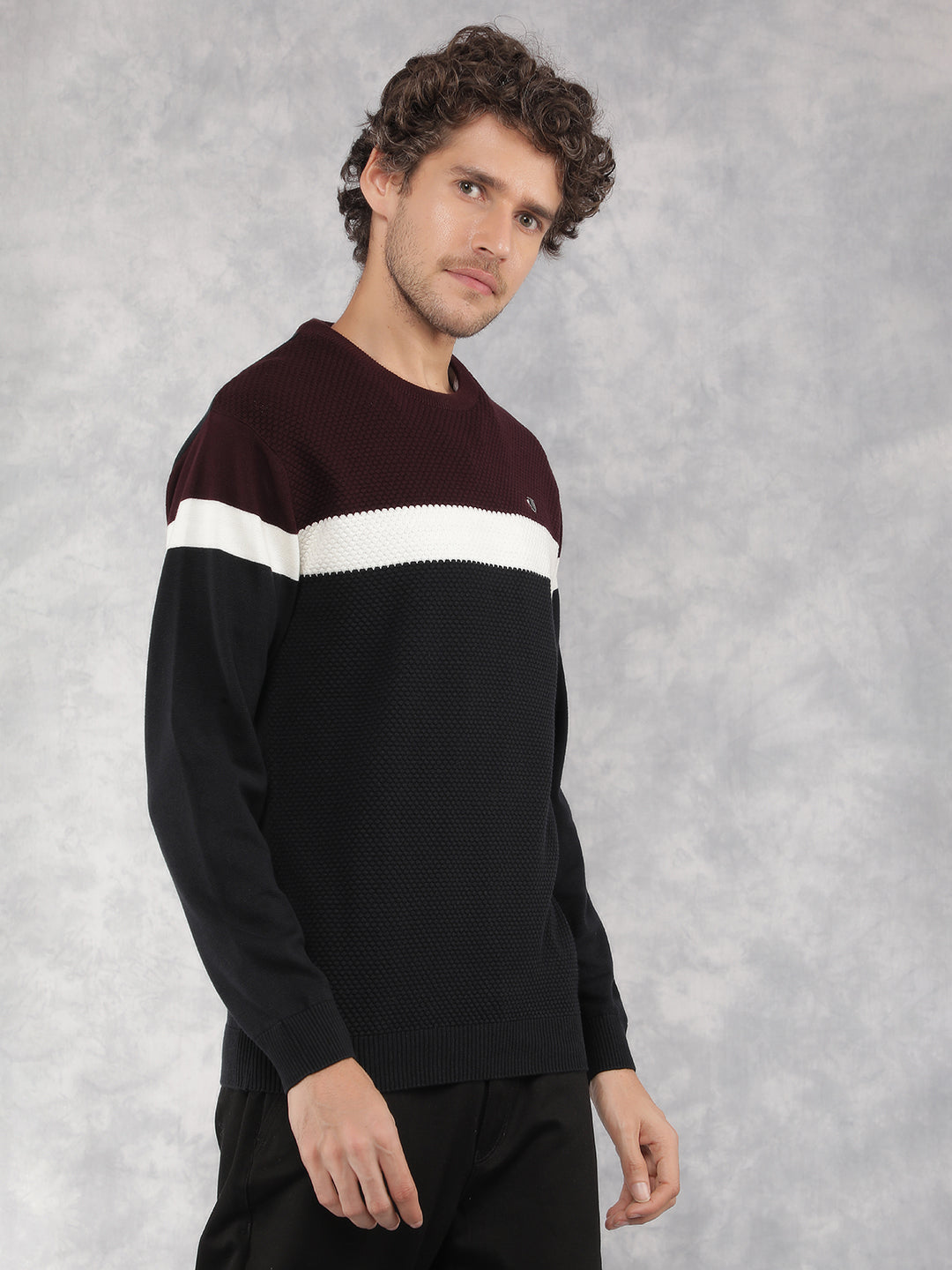 Wine Color Blocked 100% Cotton Sweater-Men Sweaters-Crimsoune Club