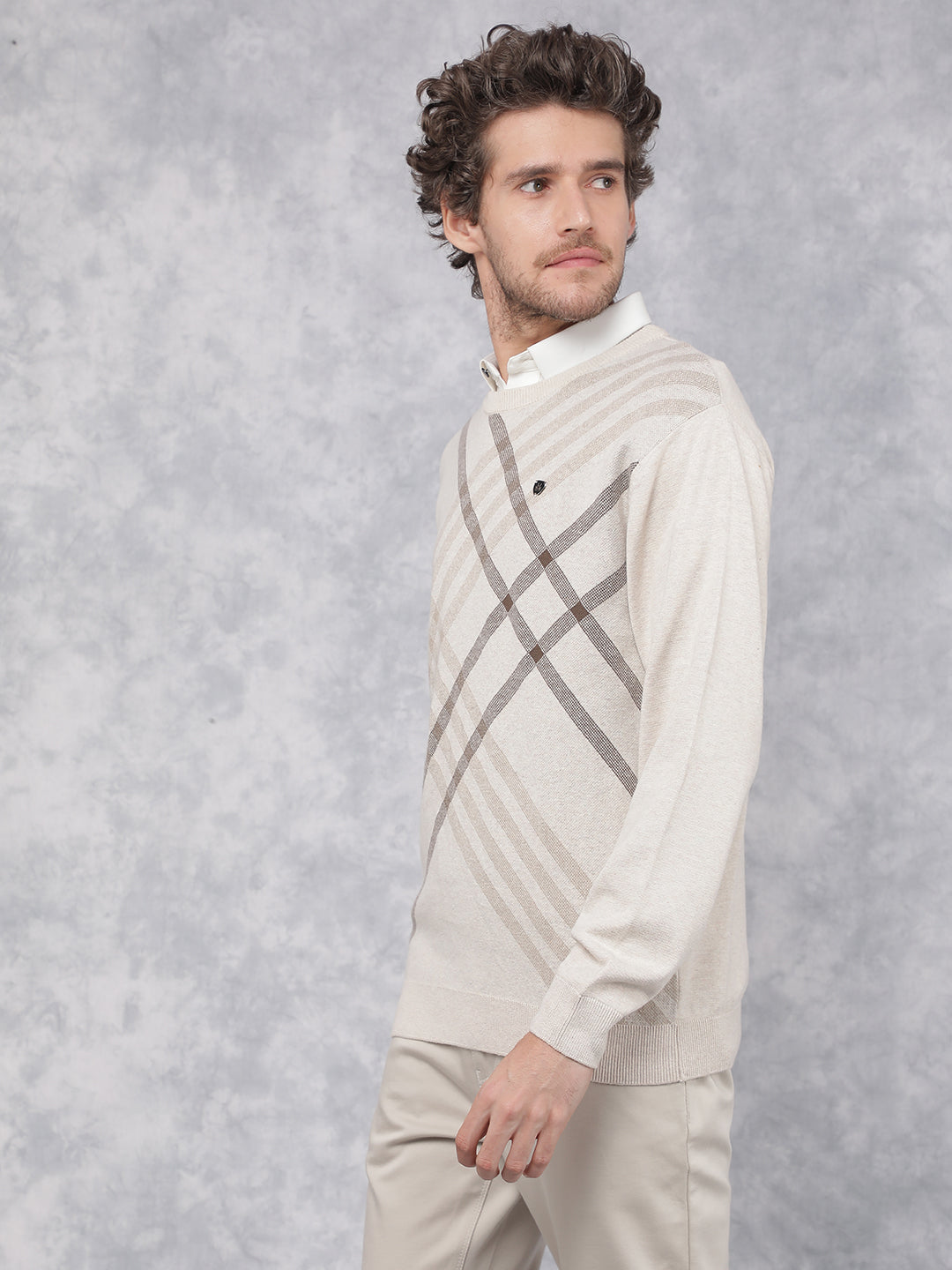 Beige Printed 100% Cotton Sweater-Men Sweaters-Crimsoune Club