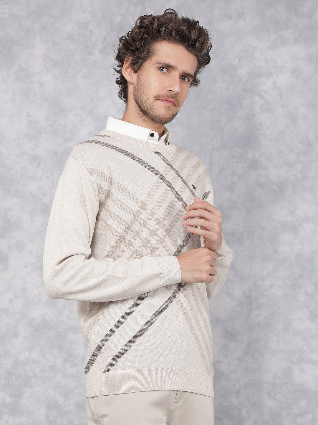 Beige Printed 100% Cotton Sweater-Men Sweaters-Crimsoune Club