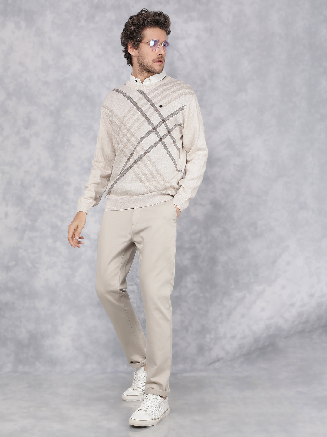 Beige Printed 100% Cotton Sweater-Men Sweaters-Crimsoune Club