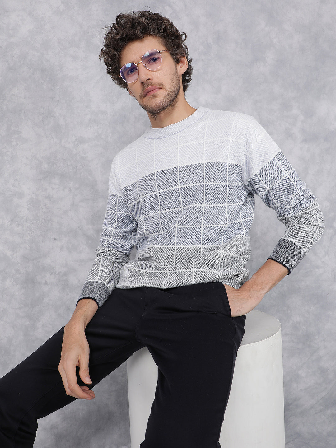 Blue Jacquard Sweater-Men Sweaters-Crimsoune Club