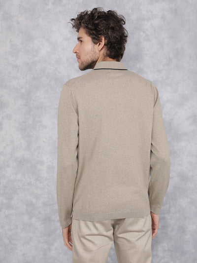 Beige Polo Neck Knitted Long Sleeves T-Shirt-Men T-Shirts-Crimsoune Club