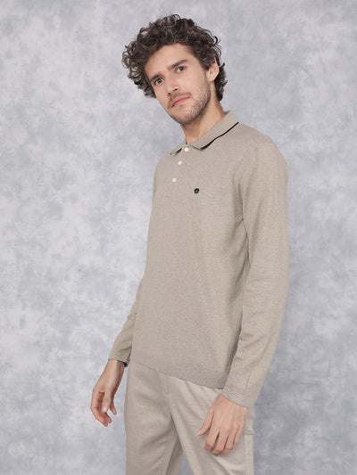 Beige Polo Neck Knitted Long Sleeves T-Shirt-Men T-Shirts-Crimsoune Club