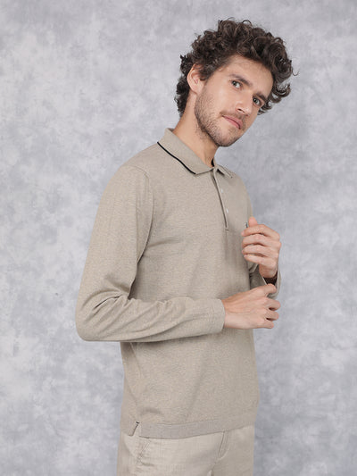 Beige Polo Neck Knitted Long Sleeves T-Shirt-Men T-Shirts-Crimsoune Club