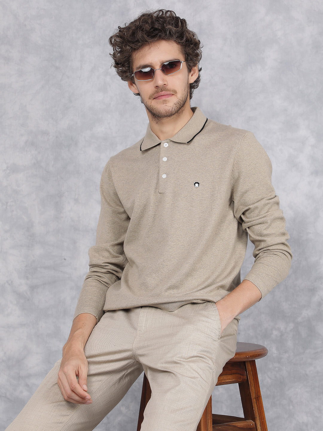 Beige Polo Neck Knitted Long Sleeves T-Shirt-Men T-Shirts-Crimsoune Club