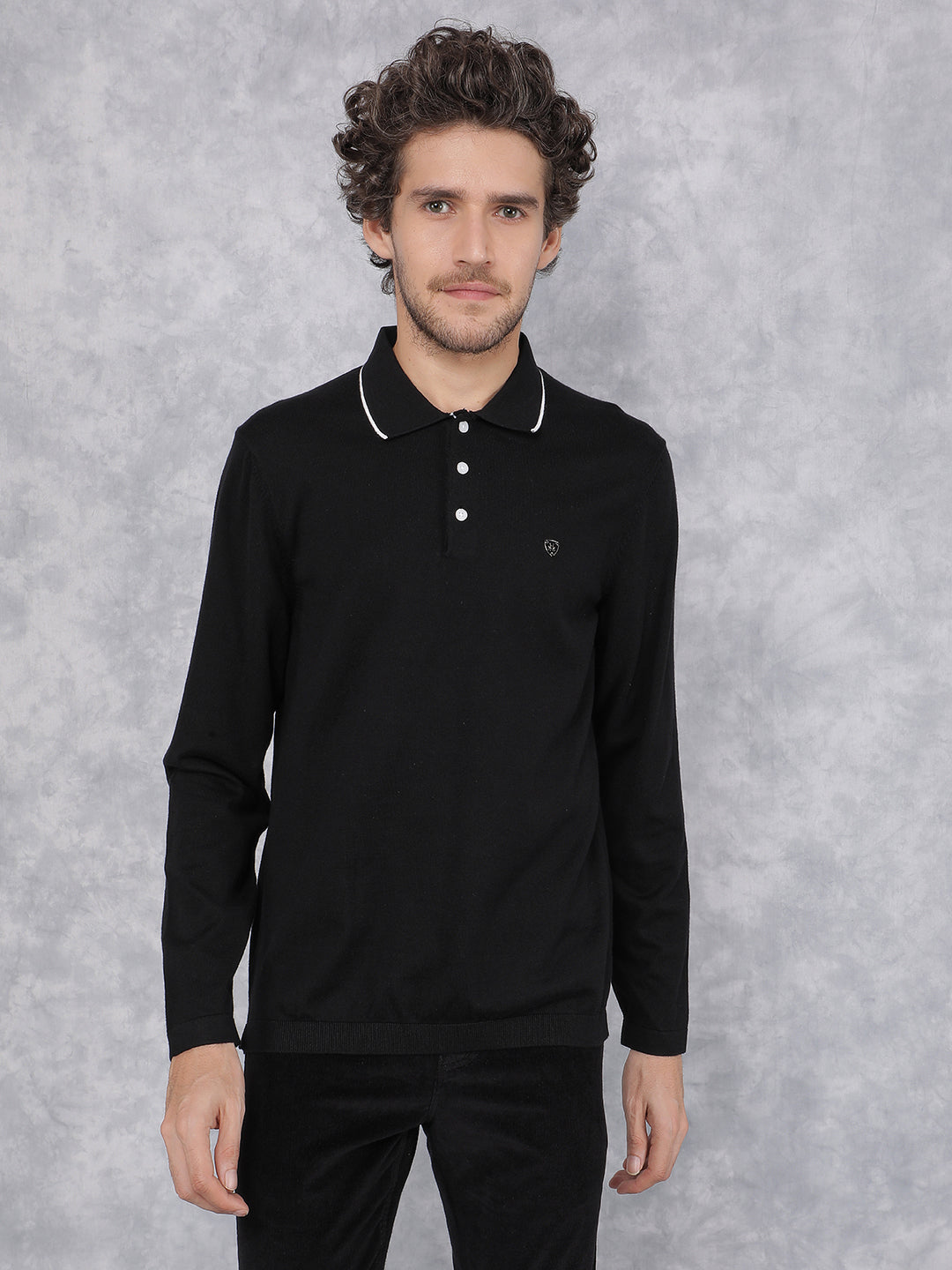 Black Polo Neck Knitted Long Sleeves T-Shirt-Men T-Shirts-Crimsoune Club