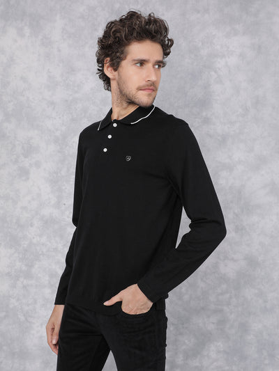 Black Polo Neck Knitted Long Sleeves T-Shirt-Men T-Shirts-Crimsoune Club